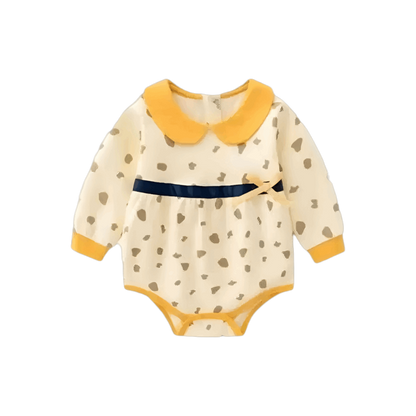 Soft Cotton Baby Bodysuit with Adorable Dots, Chic Collar, and Stylish Bow for Girls; a flat lay image of the charming cotton baby bodysuit featuring polka dots and a stylish bow.