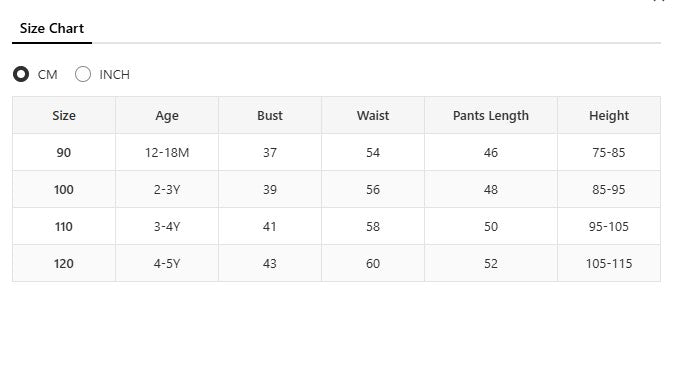 White size chart for toddler clothing with age, bust, waist, and height in CM.