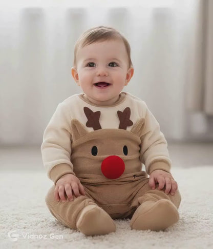 Adorable Reindeer Baby Jumpsuit - Cozy Gender Neutral Outfit for Festive Holidays