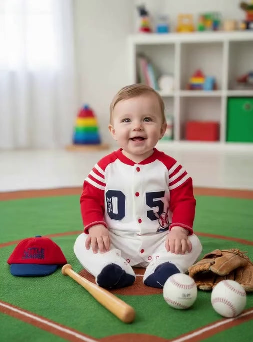 Video baby boy picking up baseball bat dress in the Infant Baseball MVP Cotton Footed Jumpsuit for Playtime Comfort , Jumpsuit