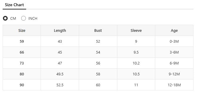 Size chart for baby clothes showing length, bust, sleeve, and age in CM.