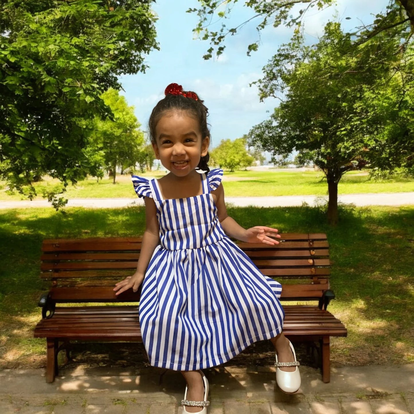 cutest baby & toddler girl vintage blue & white striped dress online - 4