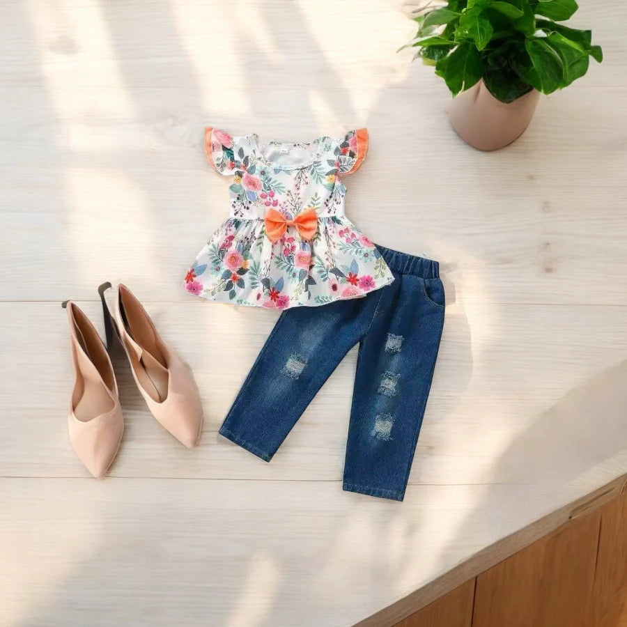 Baby & Toddler Girls Floral Peplum Top & Denim Jeans Pants - 