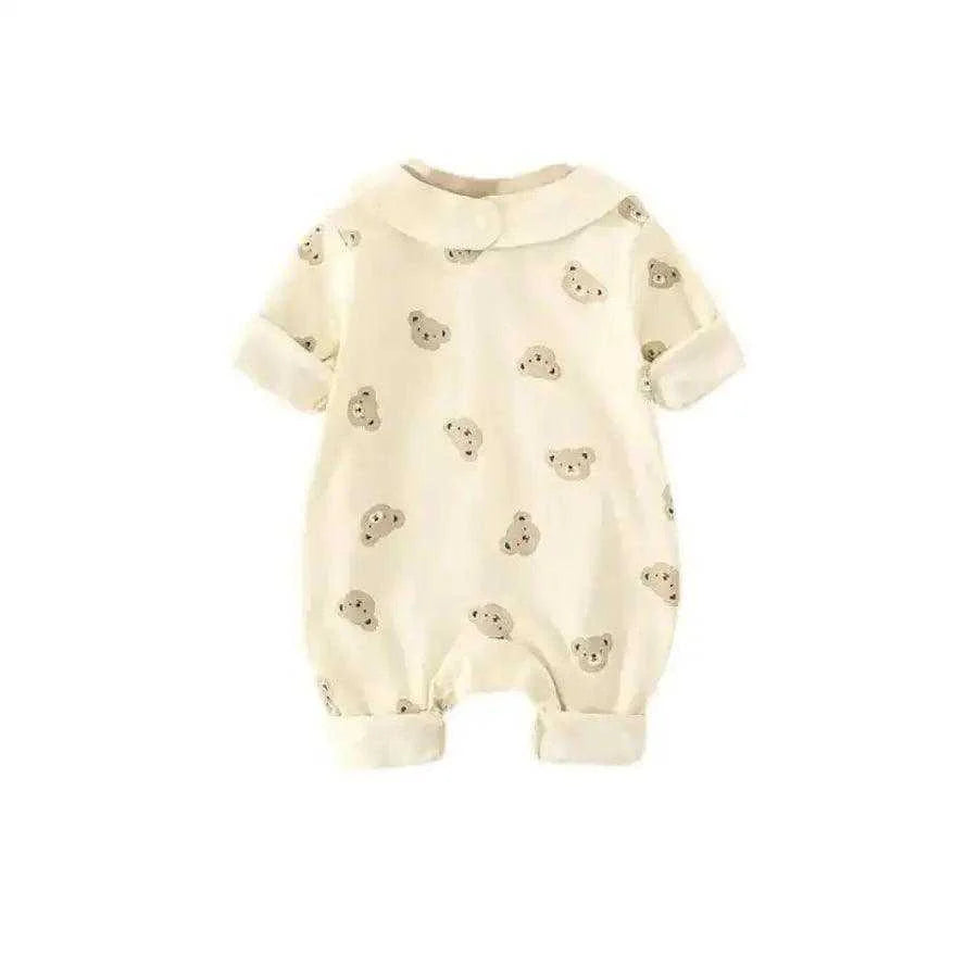 Cute unisex baby bear jumpsuit with matching bib showcased on the app, ideal for stylish and cozy outfits. 